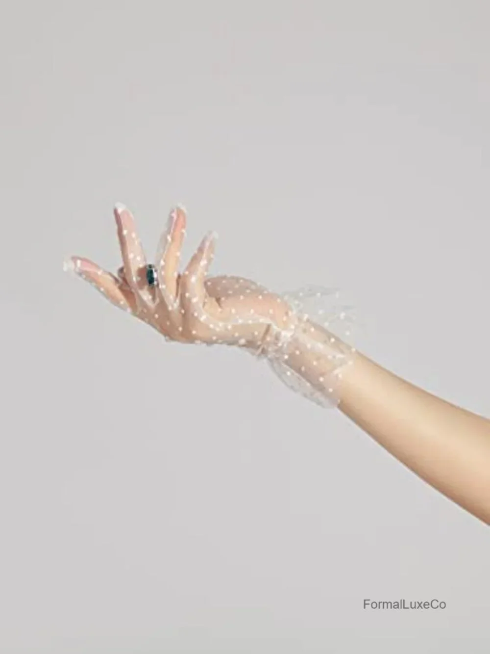 Sheer Mesh Polka Dots Pearls Ruffle Trim Tea Party Gloves